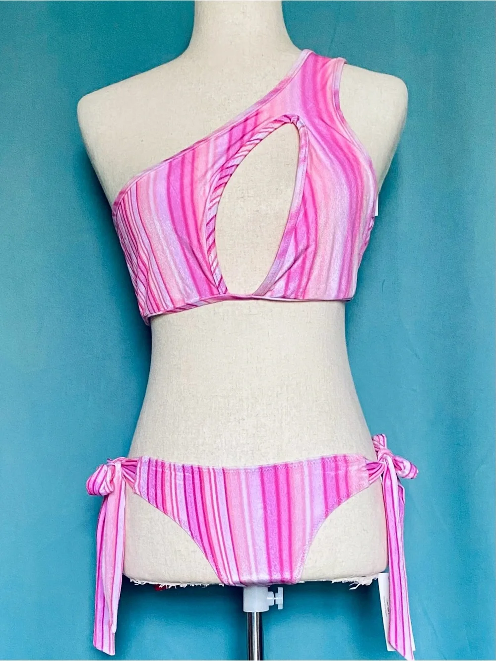 Frankies Bikinis Harlow Velvet Pink Stripe Bikini Bottom NWT L